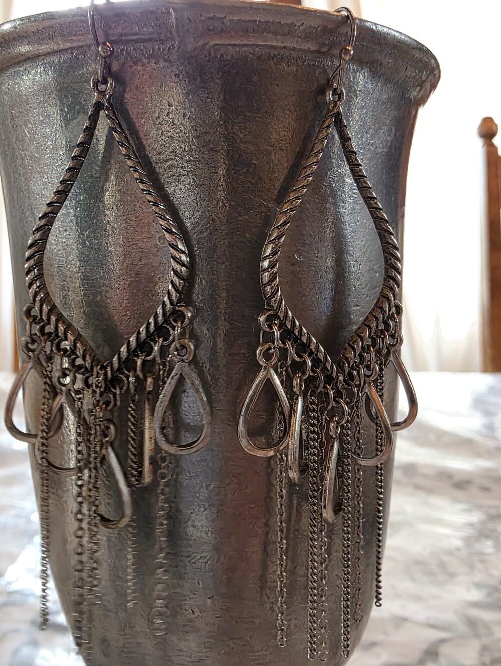 Vintage Burnished Silver Teardrop Chandelier Earrings Tassel Fringe